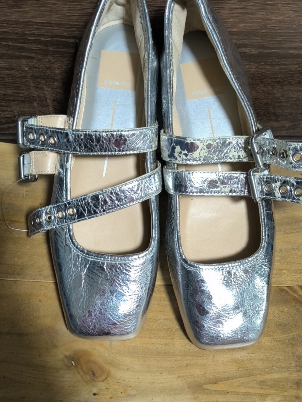 Dolce Vita Silver Croc-Embossed Double-Strap Flats - Picture 1 of 7